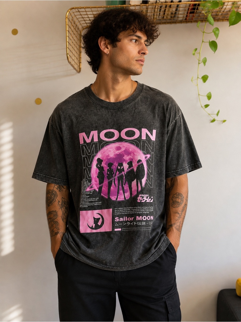 Sailor Moon Graphic T-Shirt – Men’s Large – Black & Pink Anime Tee